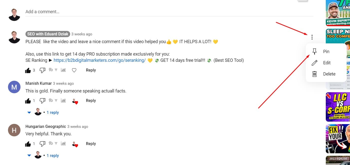 how to pin youtube comment example