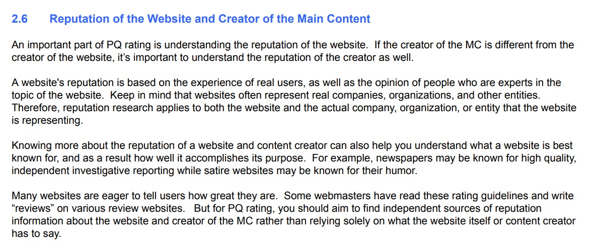 reputation of the website and creater of the main content google quality guideliness for b2b seo best practices