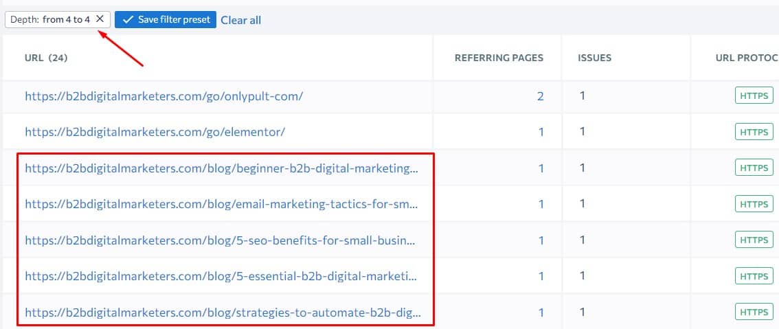 sample of pages with preset page depth in se ranking example