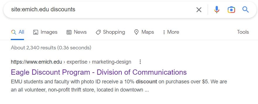 searching for discount pages on universities using google