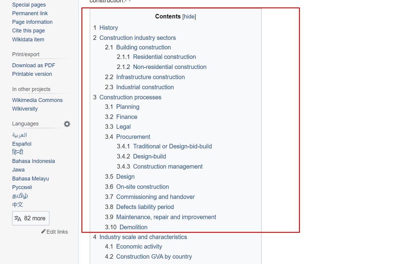 using table of contents on wikipedia to find relevant keyword ideas for seo for construction